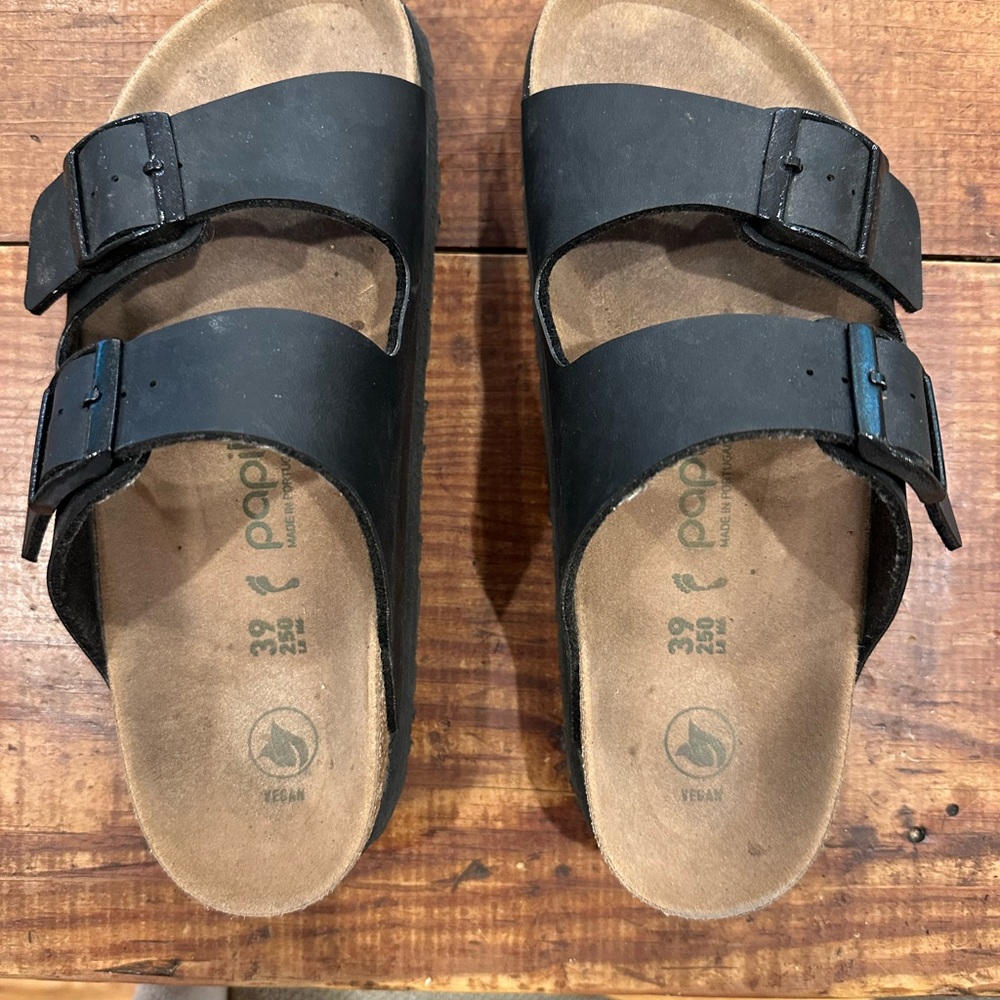 Birkenstock Black Sandals with Adjustable Straps and Contoured Footbed